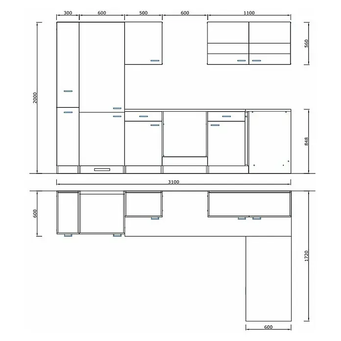 Respekta Winkelküche Malia Typ 4 - B x T: 310 x 172 cm, Schwarz, Mit Elektrogeräten - Küchenplan mit Maßen für eine funktionale Raumgestaltung. Die Einbauschränke sind detailliert dargestellt.