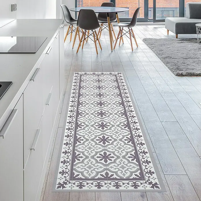 Alfombra de vinilo Artdeco - Gris, 140 x 80 cm - Alfombra de cocina decorativa con estampado floral en gris y blanco, que añade un toque de estilo a la cocina.
