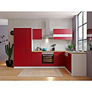 Respekta Winkelküche Malia Typ 4 (B x T: 310 x 172 cm, Rot, Dekor Arbeitsplatte: Holzoptik, Mit Elektrogeräten)