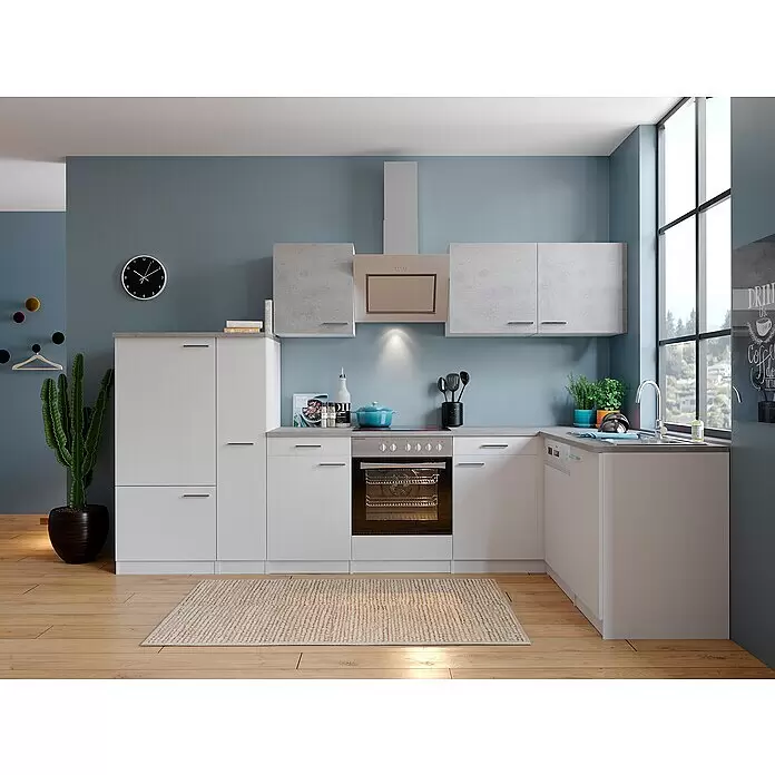 Respekta Winkelküche Malia Typ 2 - B x T: 310 x 172 cm, Weiß/Beton, Mit Elektrogeräten - Weiße und hellgraue Küche mit blauer Wand, komplett mit Geräten und Spüle.