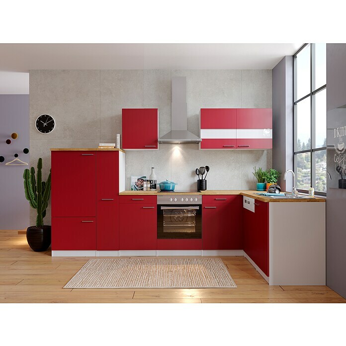 Respekta Winkelküche (172 x 310 cm, Mit Elektrogeräten, Rot)
