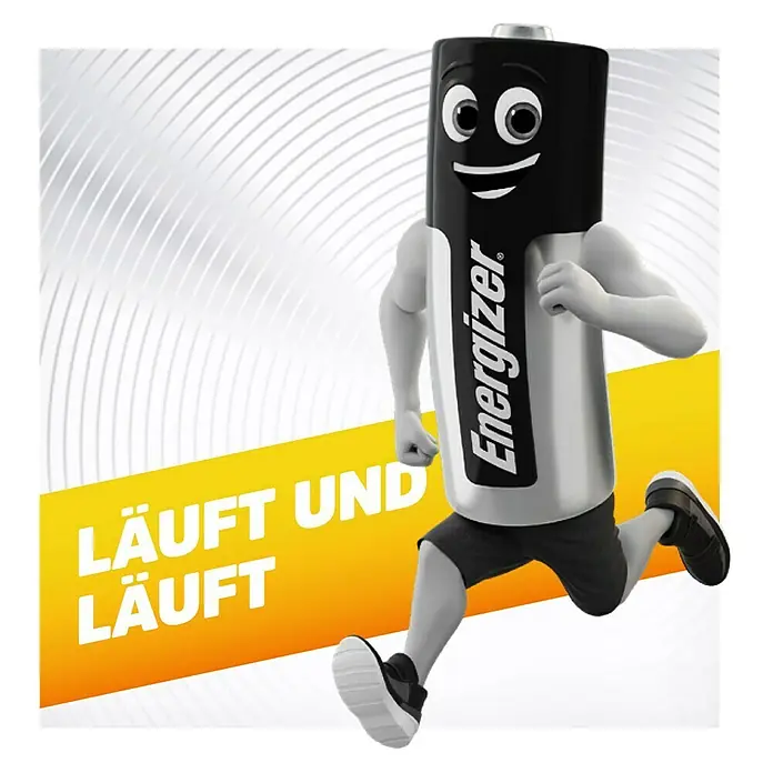 Energizer Batterie Micro AAA - 16 Stk., Micro AAA, 1,5 V - Das Bild zeigt eine laufende Energizer-Batterie mit Armen und Beinen, die die Ausdauer und Langlebigkeit der Batterie hervorhebt.