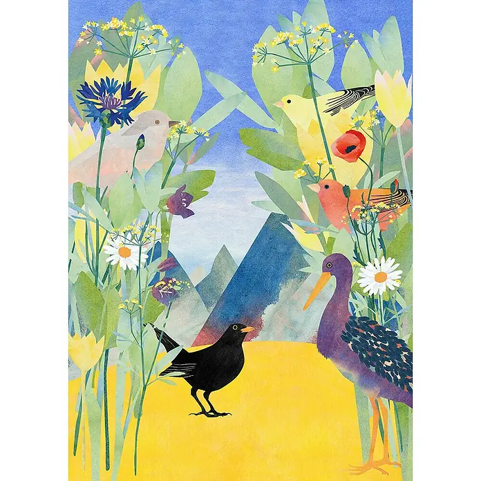 Komar Fototapete Twittering - B x H: 200 x 280 cm, Vlies - Illustration von Vögeln in einem blühenden Garten mit einer vielfältigen Auswahl an Vögeln und Blumen vor einer Bergkulisse.