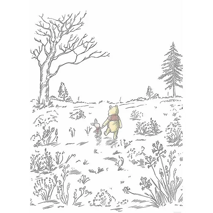 Komar Fototapete Winnie Pooh Walk - B x H: 200 x 280 cm, Vlies - Winnie Puuh und Ferkel, leicht koloriert, gehen Hand in Hand in einer skizzierten Waldszene.