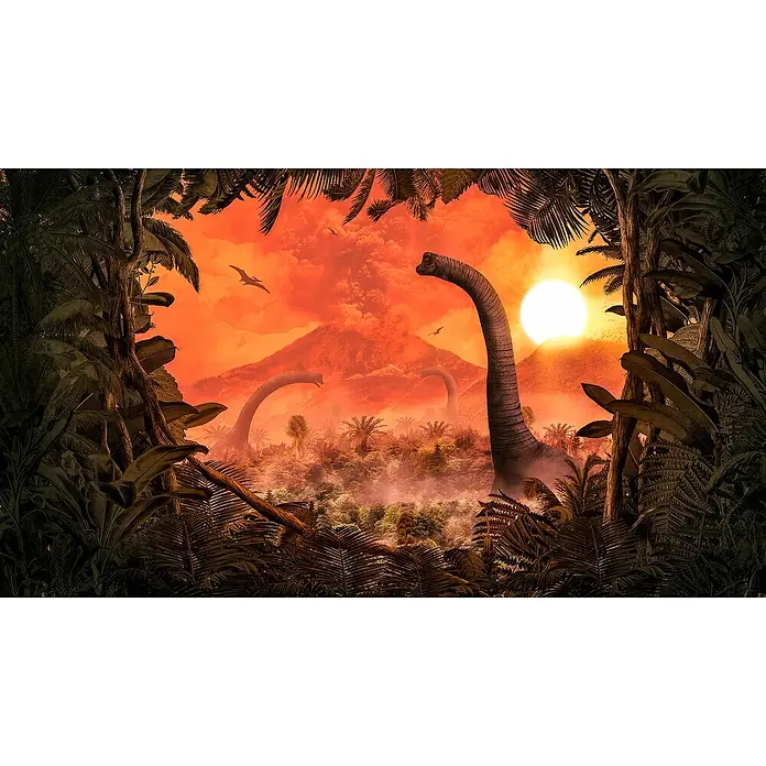Komar Fototapete Brachiosaurus - B x H: 500 x 280 cm, Vlies - Atemberaubende Szene mit Dinosauriern, Vulkan und rotem Himmel, gerahmt von üppiger Vegetation.