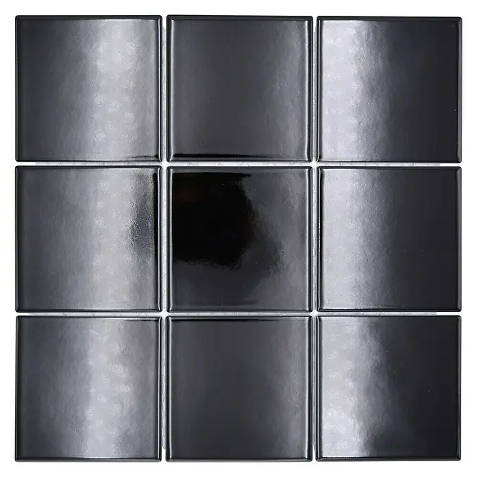 Mosaikfliese Quadrat Uni CQ 120 - 29,8 x 29,8 cm, Schwarz, Glänzend - Nahaufnahme von neun schwarzen glänzenden Mosaikfliesen, die eine moderne und elegante Oberfläche für jeden Raum bieten.