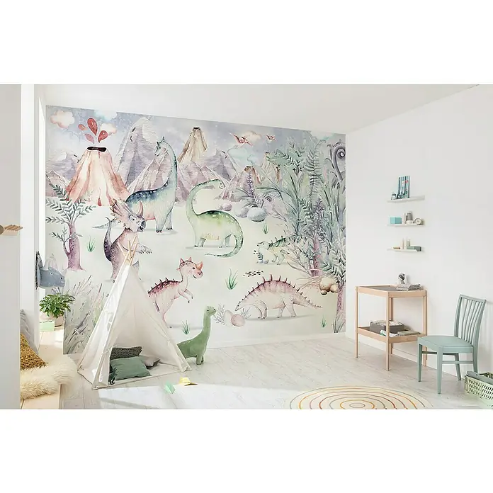 Komar Fototapete Dino Playground - B x H: 400 x 280 cm, Vlies - Kinderzimmer mit Dinosaurier-Wandbild und Spielzelt. Die Wandgestaltung und das Zelt schaffen eine fantasievolle Atmosphäre für Kinder.