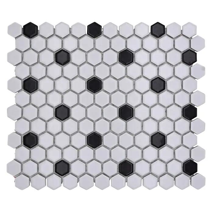 Mosaikfliese Hexagon Mix HX 040 - 26 x 30 cm, Weiß/Schwarz, Matt - Mosaikfliesen mit einem Muster aus weißen und schwarzen Sechsecken, ideal für moderne Bad- oder Küchengestaltungen.