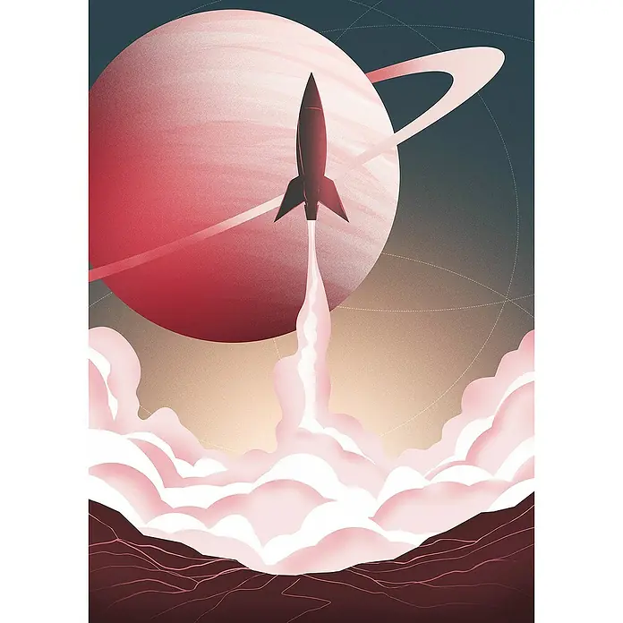 Komar Fototapete Explore The UniverseB x H: 200 x 280 cm, Vlies - Illustration eines Raketenstarts von einer hügeligen Landschaft mit einem Ringplaneten im Hintergrund, Retro-Stil.