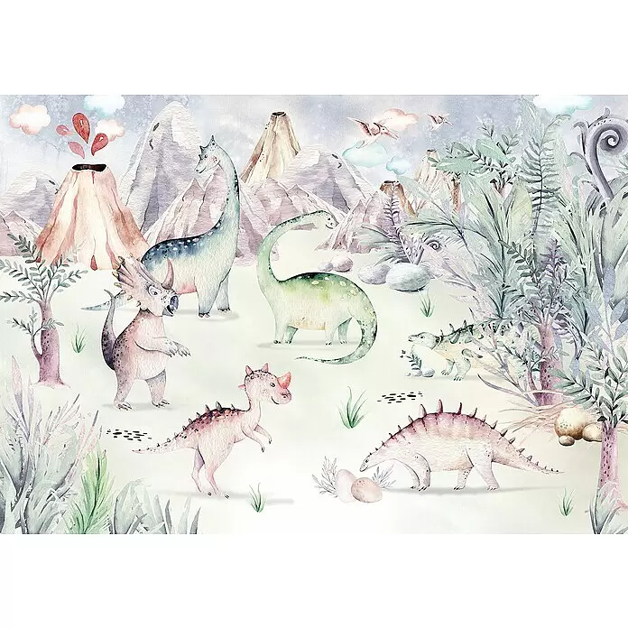 Komar Fototapete Dino Playground - B x H: 400 x 280 cm, Vlies - Aquarell prähistorische Szene mit verschiedenen Dinosauriern, darunter langhalsige, gehörnte und stachelige, inmitten von Vulkanen und üppigen Pflanzen.