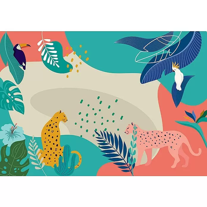 Komar Fototapete Jungle Rendezvous - B x H: 400 x 280 cm, Vlies - Abstrakte Tropenszene mit Leoparden, Vögeln und üppigen Pflanzen.