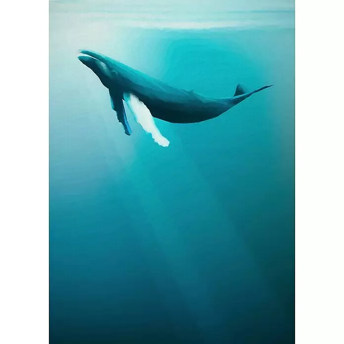Komar Fototapete Artsy Humpback Whale - B x H: 200 x 280 cm, Vlies - Dunkelblau-grauer Wal schwimmt unter Wasser, Sonnenlicht fällt durch die Oberfläche.