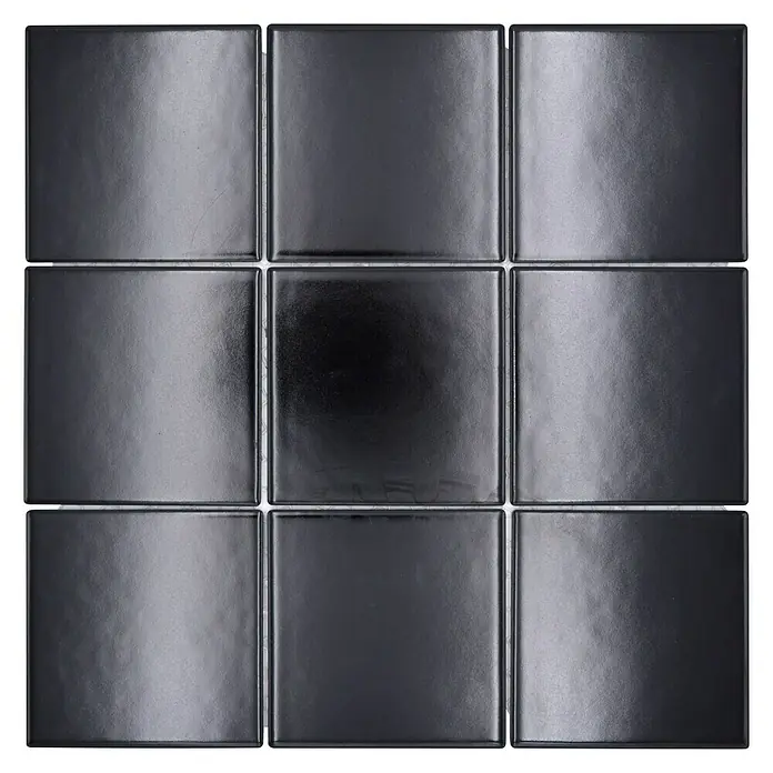Mosaikfliese Quadrat Uni CQ 125 - 29,8 x 29,8 cm, Schwarz, Matt - Nahaufnahme eines schwarzen Mosaikfliesen-Designs mit neun quadratischen Fliesen, ideal für moderne Inneneinrichtungen.