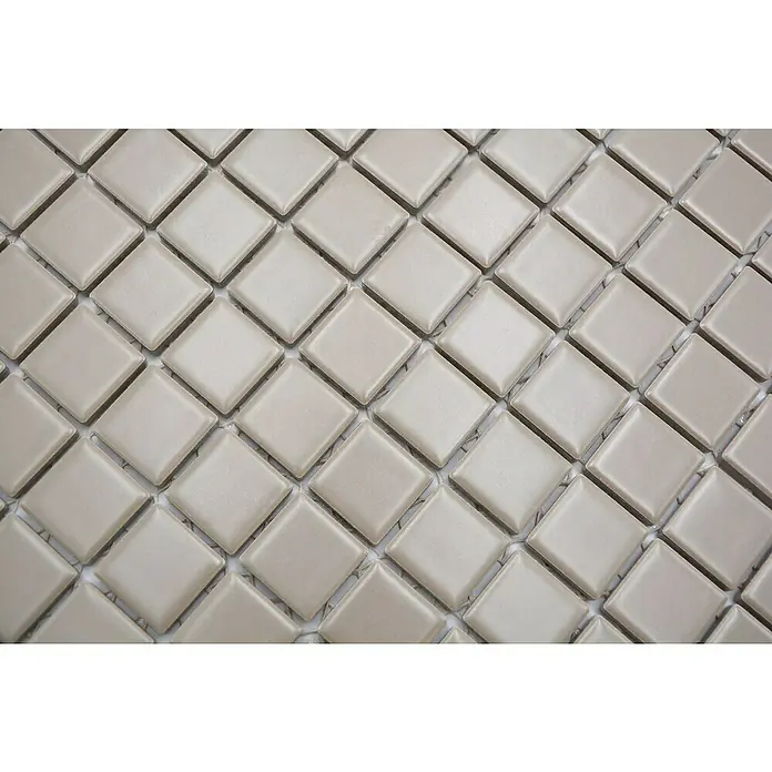 Mosaikfliese Quadrat Uni CG 194 - 29,8 x 29,8 cm, Beige/Braun, Matt - Nahaufnahme eines Musters aus quadratischen, hellgrauen Keramikfliesen, die ein elegantes und modernes Design für Innenräume bieten.