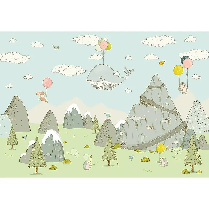 Komar Fototapete Mountain TravelerB x H: 400 x 280 cm, Vlies - Eine bezaubernde Illustration mit einem Wal, der an Luftballons über einer fantastischen Berglandschaft fliegt, begleitet von einem Hasen und Igeln.
