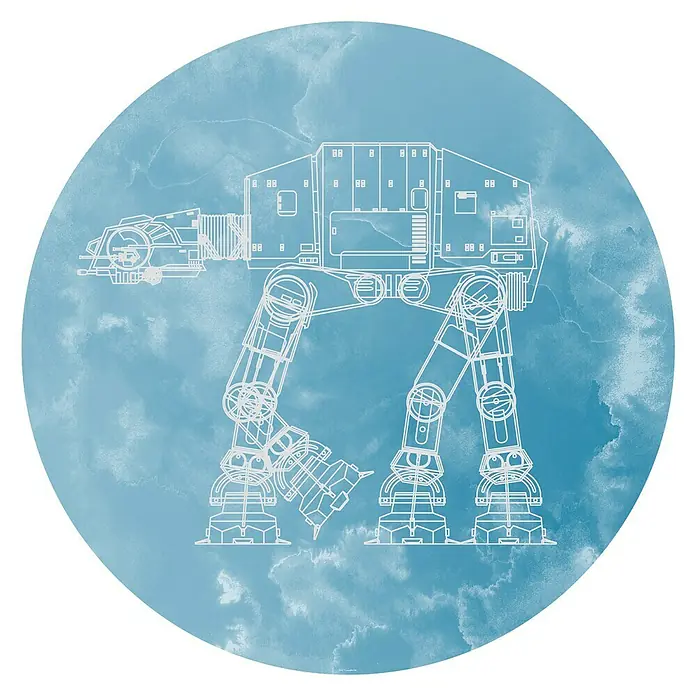 Komar Fototapete rund AT-AT - 128 cm, Selbstklebend - AT-AT Läufer auf blauem Wolkenhintergrund. Die Grafik des AT-AT Läufers wird durch den blauen Hintergrund schön betont.