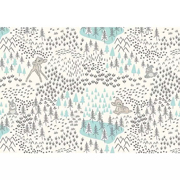 Komar Fototapete Bambi Woodland - B x H: 400 x 280 cm, Vlies - Nahtloses Muster mit Bambi, Klopfer und stilisierten Waldelementen wie Bäumen, Bergen und Laub.