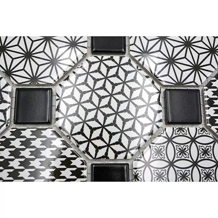 Mosaikfliese Octagon Octa Misto - 30 x 30 cm, Schwarz/Weiß, Glänzend - Schwarz-weiße gemusterte Mosaikfliesen mit geometrischen Designs und einfarbig schwarzen Quadratfliesen.