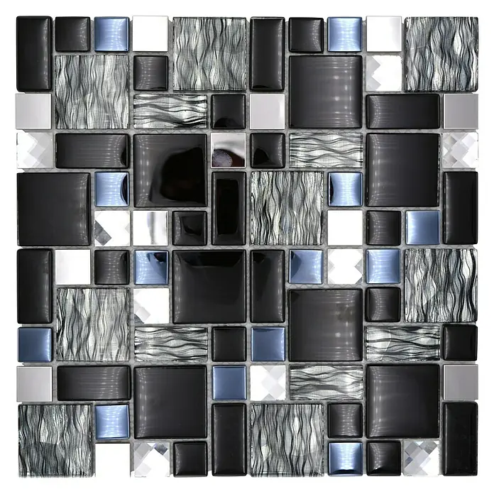 Mosaikfliese Crystal Mix XCM MC689 - 30 x 30 cm, Schwarz, Glänzend - Dekoratives Mosaikmuster aus glänzenden schwarzen, silbernen und blauen Fliesen, ideal für stilvolle Wand- und Bodengestaltungen.