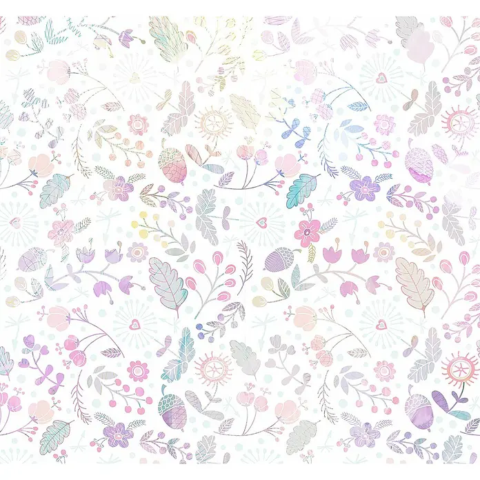 Komar Fototapete Magical Autumn - B x H: 300 x 280 cm, Vlies - Ein zartes florales Muster mit pastellfarbenen Blumen, Blättern und stilisierten Eicheln auf weißem Grund, ideal für dekorative Zwecke.