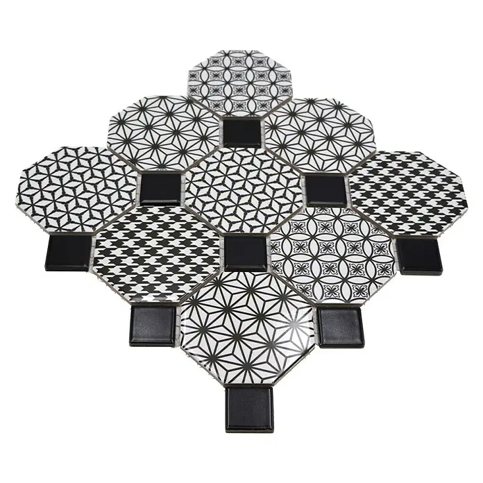 Mosaikfliese Octagon Octa Misto - 30 x 30 cm, Schwarz/Weiß, Glänzend - Schwarzes und weißes Keramikmosaik mit geometrischen Mustern für eine stilvolle Wand- oder Bodendekoration.