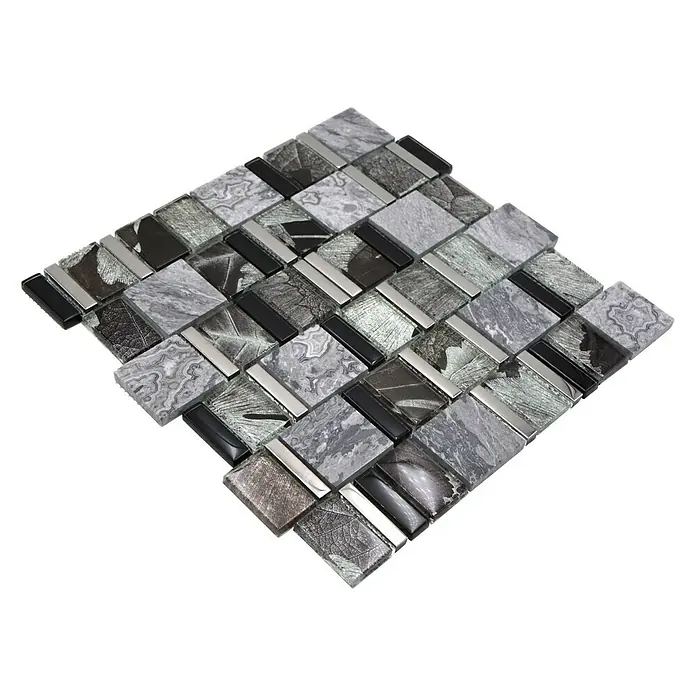Mosaikfliese Crystal Mix XCM NIKO10 - 29,8 x 29,8 cm, Grau/Schwarz, Glänzend - Graue Mosaikfliese mit silbernen und schwarzen Akzenten, perfekt für stilvolle Wand- und Bodendesigns.