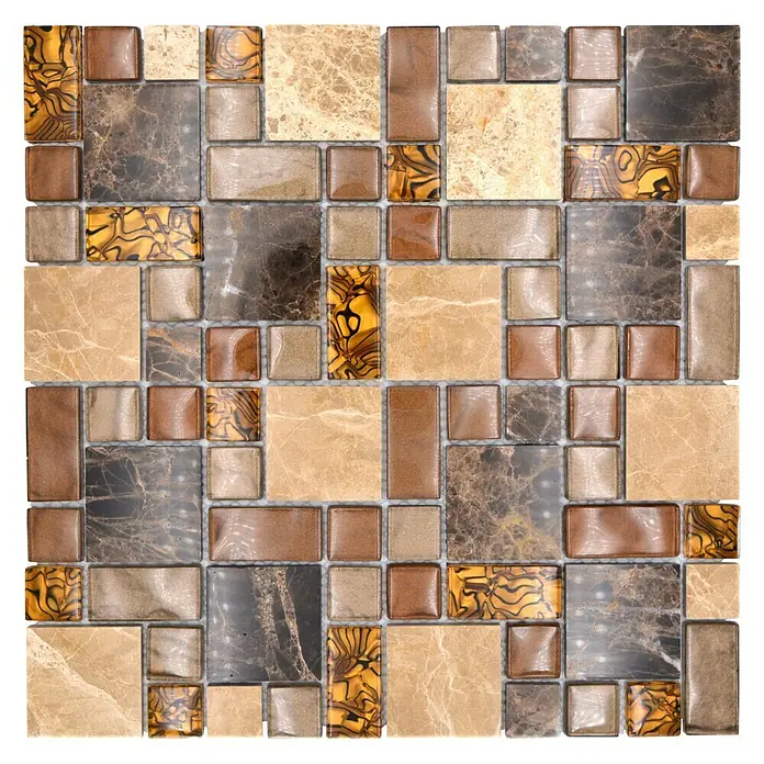 Mosaikfliese Crystal Mix XCM MC679 - 30 x 30 cm, Beige/Braun, Glänzend - Nahaufnahme eines Mosaiks mit verschiedenen braunen und beigen Farbtönen. Das Mosaik zeigt ein komplexes und dekoratives Muster.