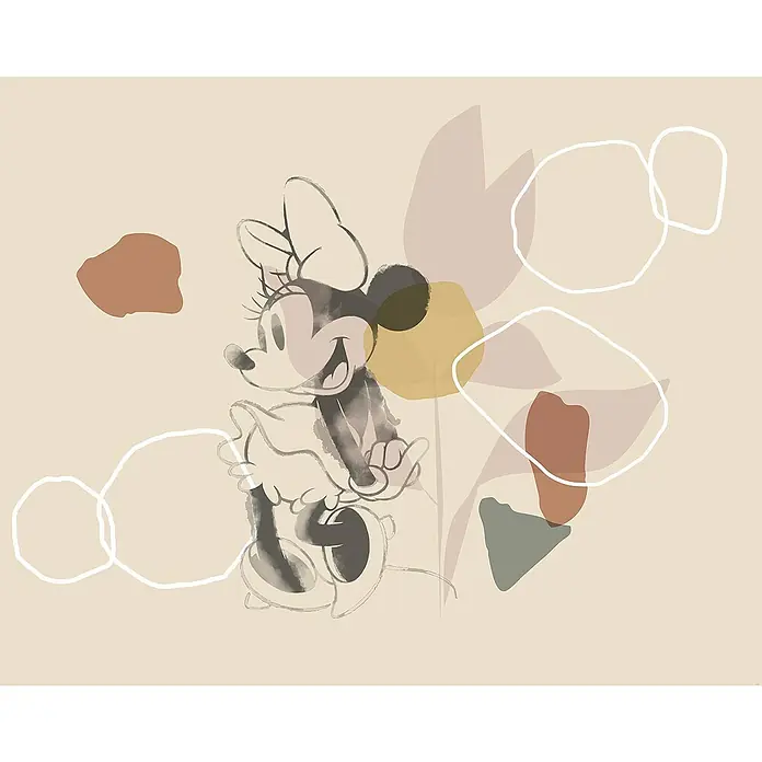 Komar Fototapete Minnie Soft Shapes - B x H: 350 x 280 cm, Vlies - Ein bezauberndes Bild von Minnie Maus, kunstvoll dargestellt mit abstrakten Formen und sanften Farben, perfekt für Kinderzimmer oder als stilvolle Dekoration.