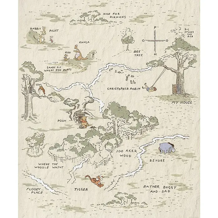 Komar Fototapete Winnie Pooh Map - B x H: 200 x 240 cm, Vlies - Eine Karte von Winnie Puhs Welt, die die Heimatorte verschiedener Charaktere wie Rabbit, Ferkel und Tigger zeigt.
