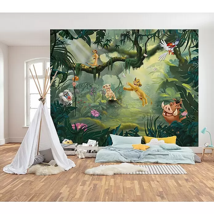 Komar Fototapete Lion King Hakuna - B x H: 350 x 280 cm, Vlies - Das Wandbild "Der König der Löwen" schmückt eine Kinderzimmerwand mit Simba, Timon, Pumbaa und Freunden im Dschungelabenteuer.
