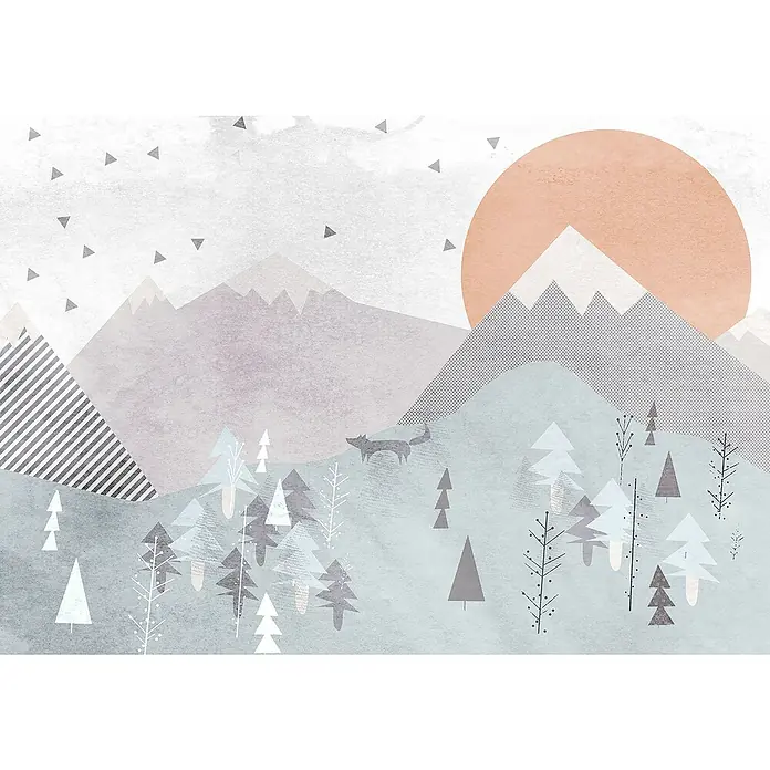 Komar Fototapete Fox JourneyB x H: 400 x 280 cm, Vlies - Illustration einer friedlichen Waldszene mit Bergen, Bäumen und einem Fuchs vor einem großen, hellen Sonnenaufgang.