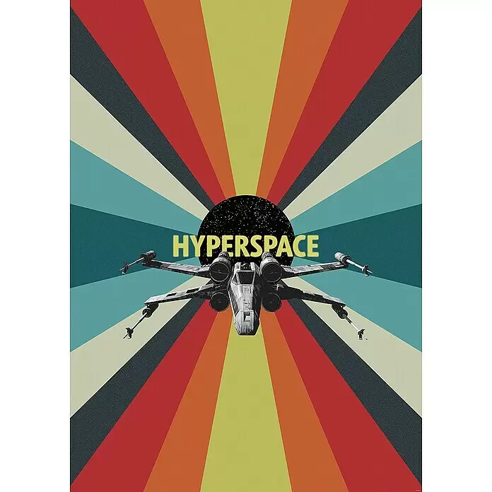 Komar Star Wars Fototapete Wars Hyperspace - B x H: 200 x 280 cm, Vlies - Retro-Poster mit X-Wing-Raumschiff, gelbem "HYPERSPACE"-Text und gestreiftem Sonnenstrahl-Hintergrund.