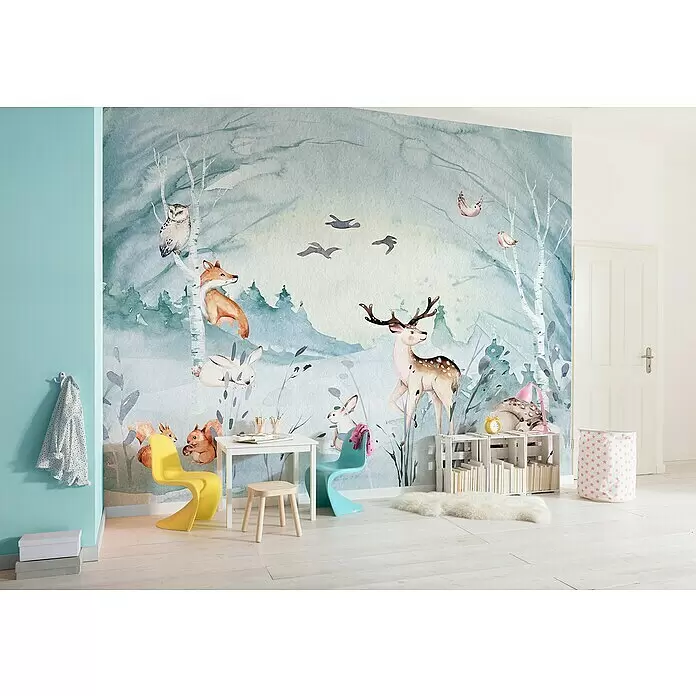 Komar Fototapete Animal Sleepover - B x H: 350 x 280 cm, Vlies - Wald-Aquarell-Mural-Tapete mit Tieren und Bäumen, schafft eine spielerische Atmosphäre im Kinderzimmer.