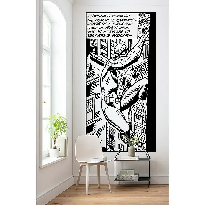 Komar Fototapete Spiderman ClimbB x H: 100 x 200 cm, Vlies - Wanddeko mit einem Spiderman-Comic-Motiv, das eine dynamische Szene von Spiderman an einer Hauswand zeigt. Perfekt für Comic-Fans.