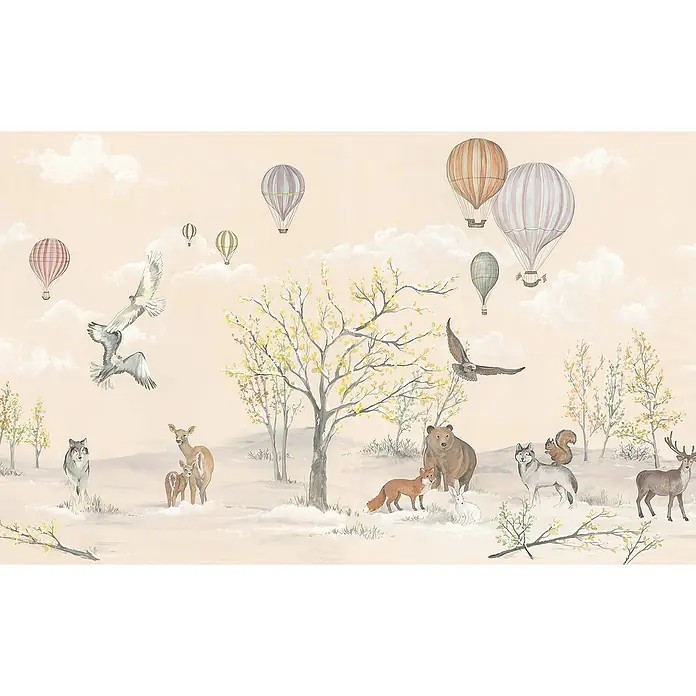 Komar Fototapete Forest Expedition - B x H: 450 x 280 cm, Vlies - Natur Tapete mit Heißluftballons und Waldtieren, die eine ruhige und traumhafte Atmosphäre in jedem Kinderzimmer schafft.