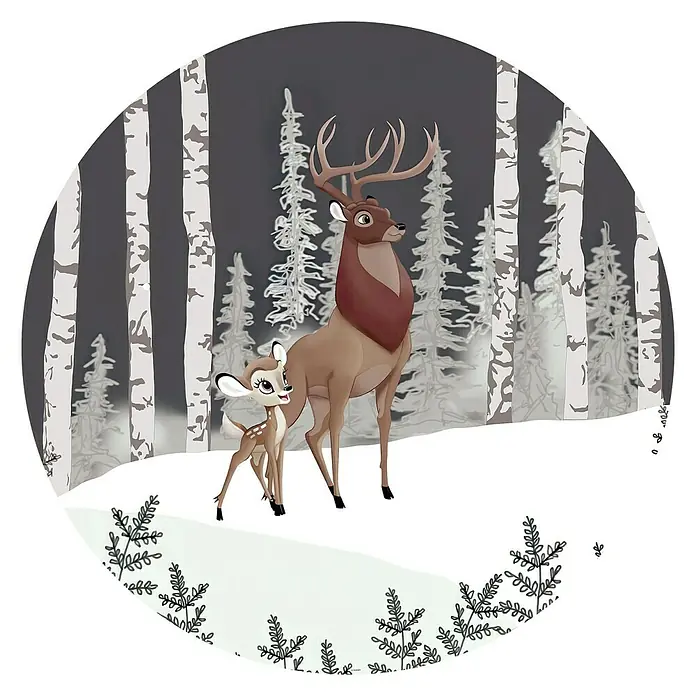 Komar Fototapete rund Bambi Great Prince - 128 cm, Selbstklebend - Illustration eines Rehs mit seinem Rehkitz im winterlichen Wald, ideal für Kinderzimmerdekoration oder festliche Grußkarten.