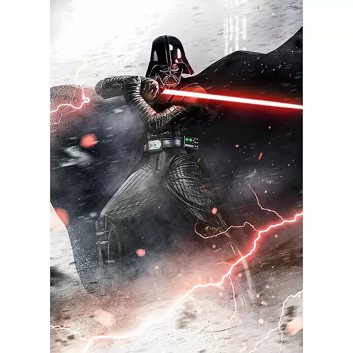 Komar Star Wars Fototapete Vader Dark - B x H: 200 x 280 cm, Vlies - Darth Vader in schwarzem Anzug und Helm, ein hellrotes Lichtschwert schwingend, umgeben von rotem Blitz. Dynamische Aufnahme.