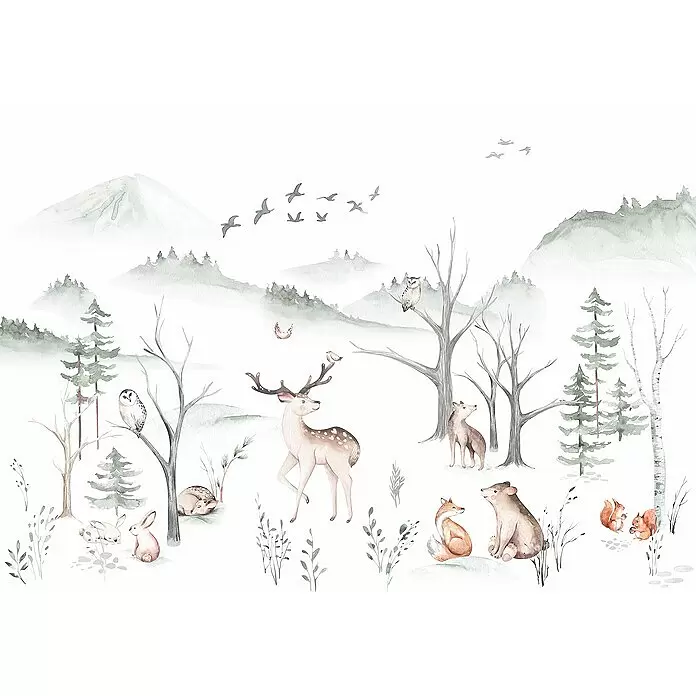 Komar Fototapete Cozy Woods - B x H: 400 x 280 cm, Vlies - Aquarellillustration eines Winterwaldes mit Hirsch, Fuchs, Bär, Eulen, Kaninchen und anderen Tieren zwischen Bäumen und Bergen.