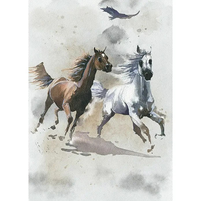Komar Fototapete Wild Ride - B x H: 200 x 280 cm, Vlies - Aquarellmalerei zweier Pferde im Galopp, ein braunes und ein weißes, mit einem Vogel im Himmel. Dynamisch und voller Bewegung.