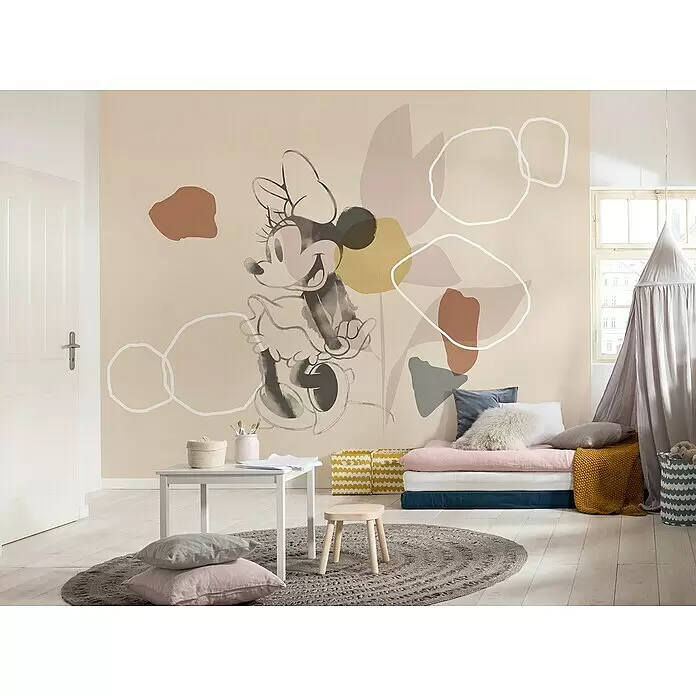 Komar Fototapete Minnie Soft Shapes - B x H: 350 x 280 cm, Vlies - Aquarell-Wandbild mit Minnie Maus in einem Kinderzimmer, mit abstrakten Formen und Erdtönen, die zur spielerischen Einrichtung passen.