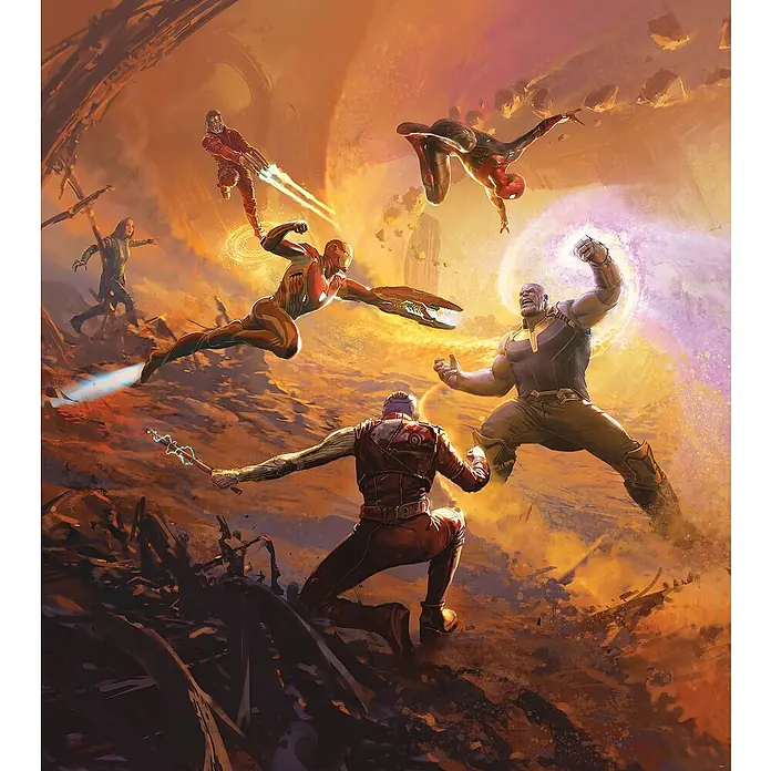 Komar Fototapete Epic Battle - B x H: 250 x 280 cm, Vlies - Avengers im Kampf gegen Thanos: Iron Man, Spider-Man und andere Helden stürzen sich in eine epische Schlacht, um das Universum zu retten.