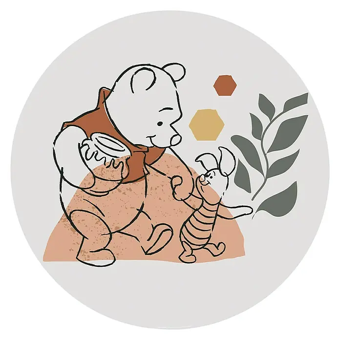 Komar Fototapete rund Winnie Pooh Soulmate - 128 cm, Selbstklebend - Darstellung von Winnie Puuh und Ferkel mit einem Honigtopf in einem stilisierten, modernen Design auf rundem Hintergrund.