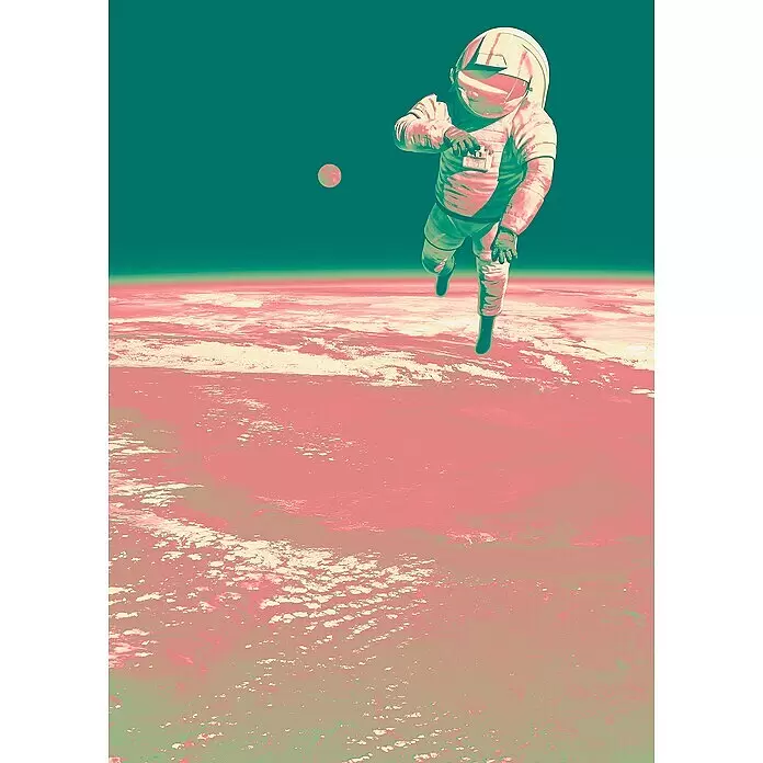 Komar Fototapete Spacewalk - B x H: 200 x 280 cm, Vlies - Astronaut im cremefarbenen Raumanzug schwebt über einem leuchtend roten Planeten und Mond.