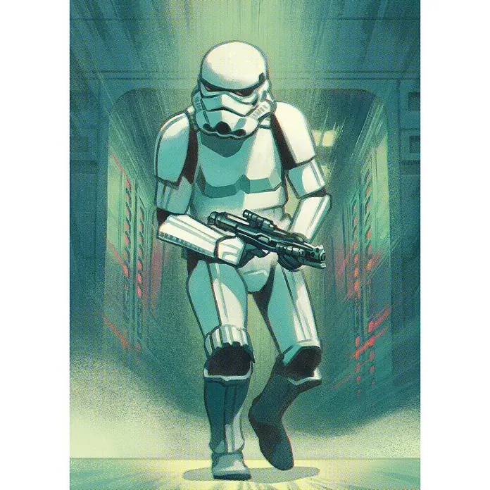 Komar Fototapete Mandalorian Stormtrooper - B x H: 200 x 280 cm, Vlies - Bild eines Stormtroopers aus Star Wars, der mit einem Blaster Gewehr durch einen Raum läuft.
