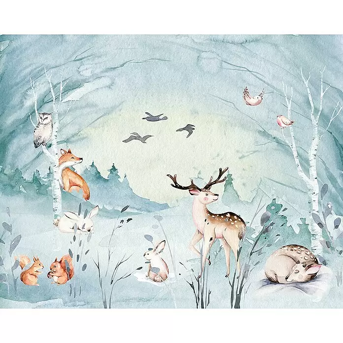 Komar Fototapete Animal Sleepover - B x H: 350 x 280 cm, Vlies - Aquarell-Illustration eines Winterwaldes mit Reh, Fuchs, Eule, Hasen, Eichhörnchen und Vögeln zwischen blauen Bäumen.