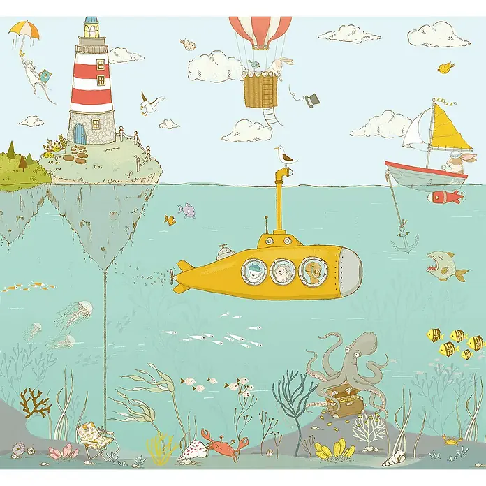Komar Fototapete Sealife - B x H: 300 x 280 cm, Vlies - Unterwasserabenteuer mit U-Boot, Segelboot und Meeresbewohnern, eine verspielte Illustration.