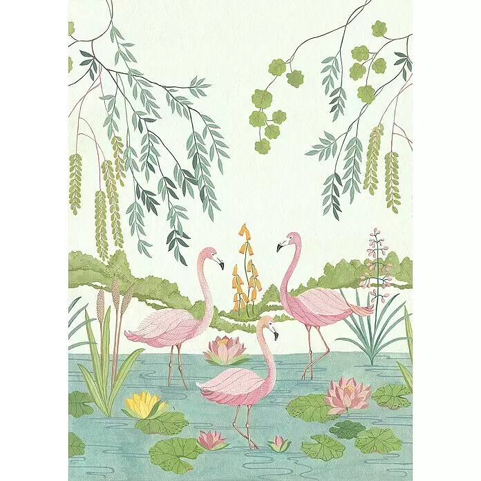 Komar Fototapete Flamingo Vibes - B x H: 200 x 280 cm, Vlies - Illustration von drei rosa Flamingos in einem Teich mit Seerosen und üppigem grünem Laub.