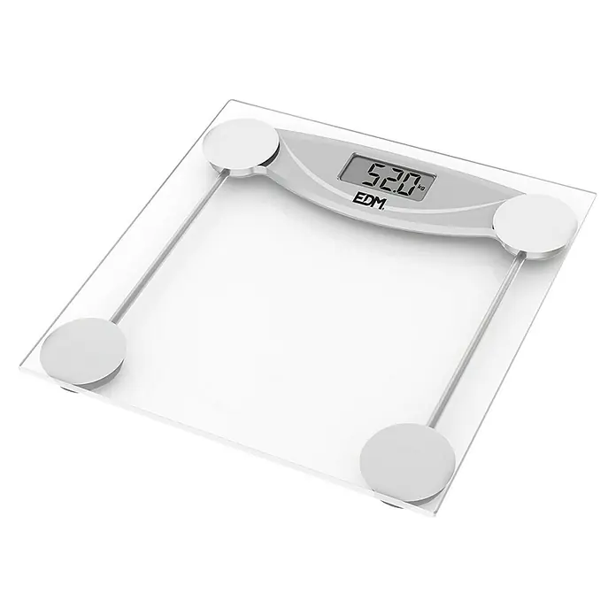 Báscula digital transparente - 30 x 30 x 3 cm, Vidrio, Transparente - La imagen muestra una báscula digital de vidrio EDM que muestra 52.0 kg. La báscula tiene un diseño elegante y moderno y está sobre un fondo negro.