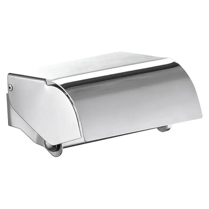 Tauro Baño Brass Portarollos de papel higiénico - Con tapa, Cromo - Imagen de un portarrollos de papel higiénico de acero inoxidable con un acabado brillante y reflectante sobre un fondo negro.