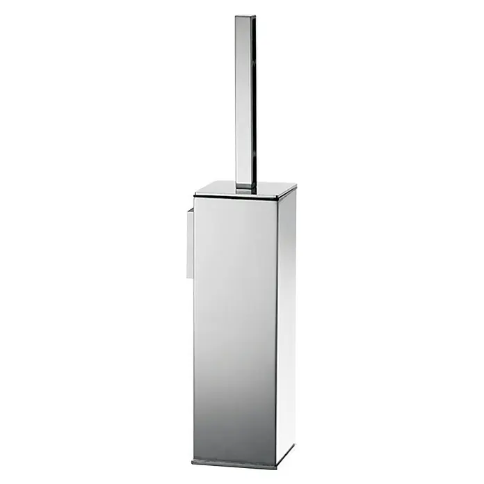 Tauro Baño Flat Escobillero - Latón, Cromo - Un elegante portacepillos de baño plateado con un diseño cuadrado, ideal para baños modernos, que añade un toque de elegancia.